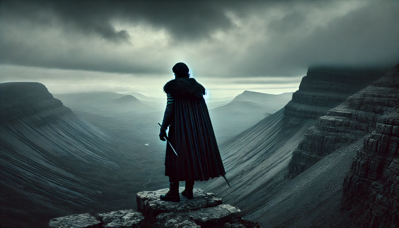 Warrior overlooks misty valley

