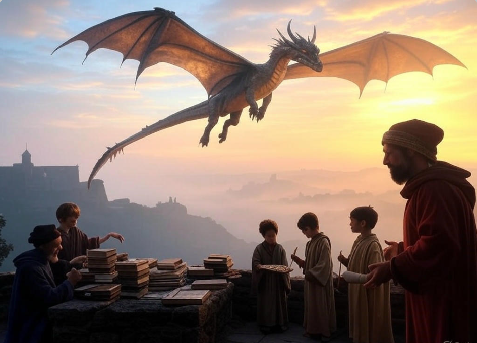 Children study beneath dragon.

