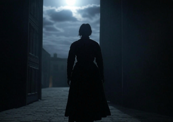 Woman silhouette moonlit alleyway