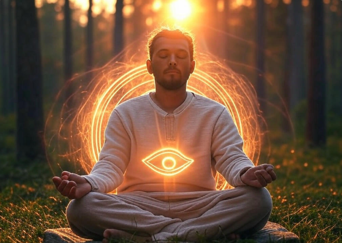 Meditating man glowing eye