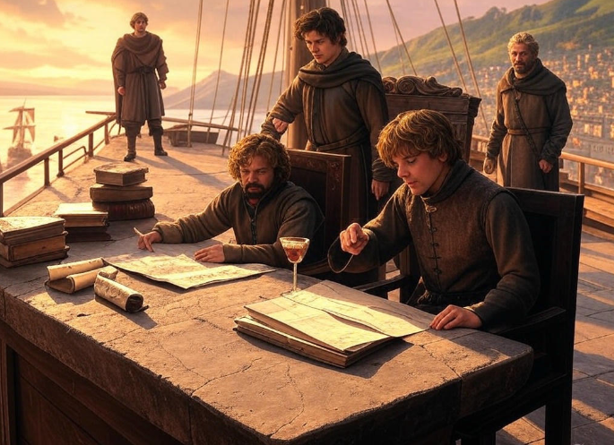 Men on ship discussing maps
