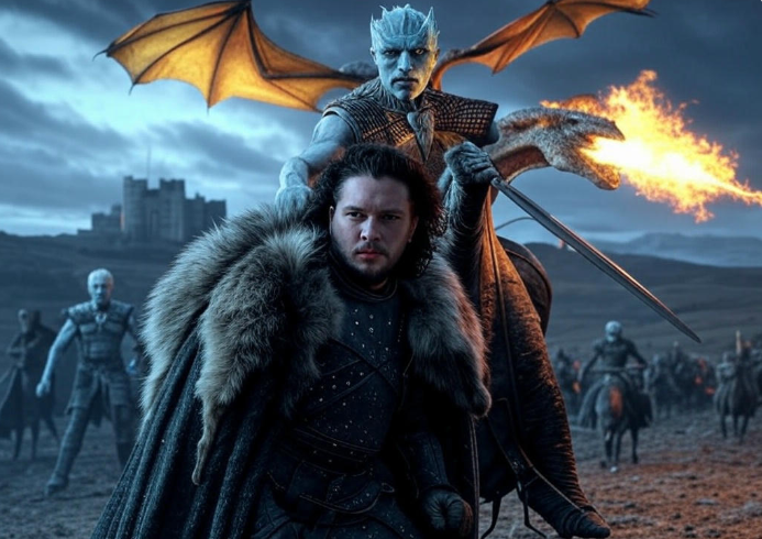 Warrior facing icy foe with dragon breathing fire