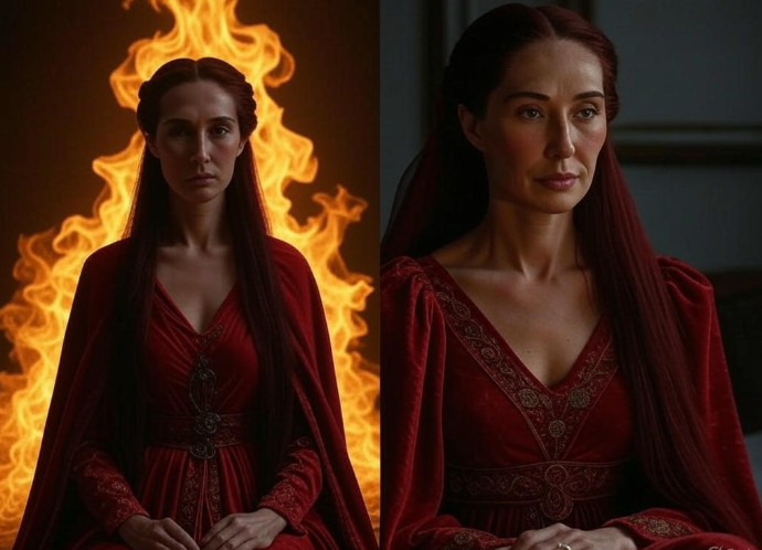 Red robed woman fire background