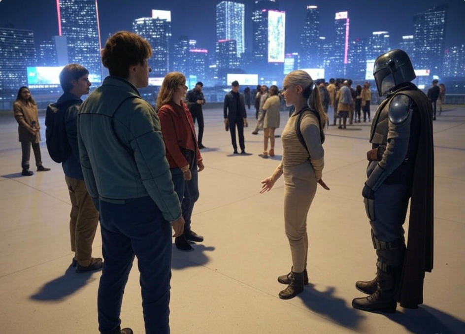 Group conversation at night.

