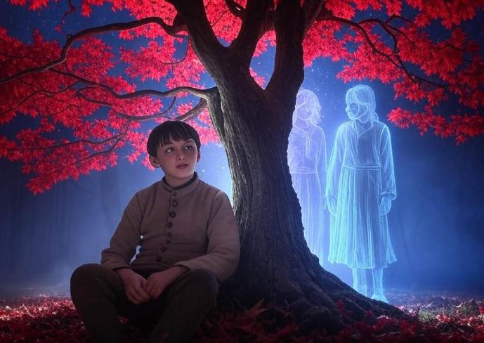 Boy tree ghosts red