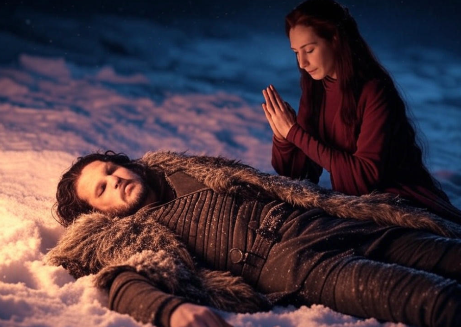 "Snow, prayer, fur cloak."