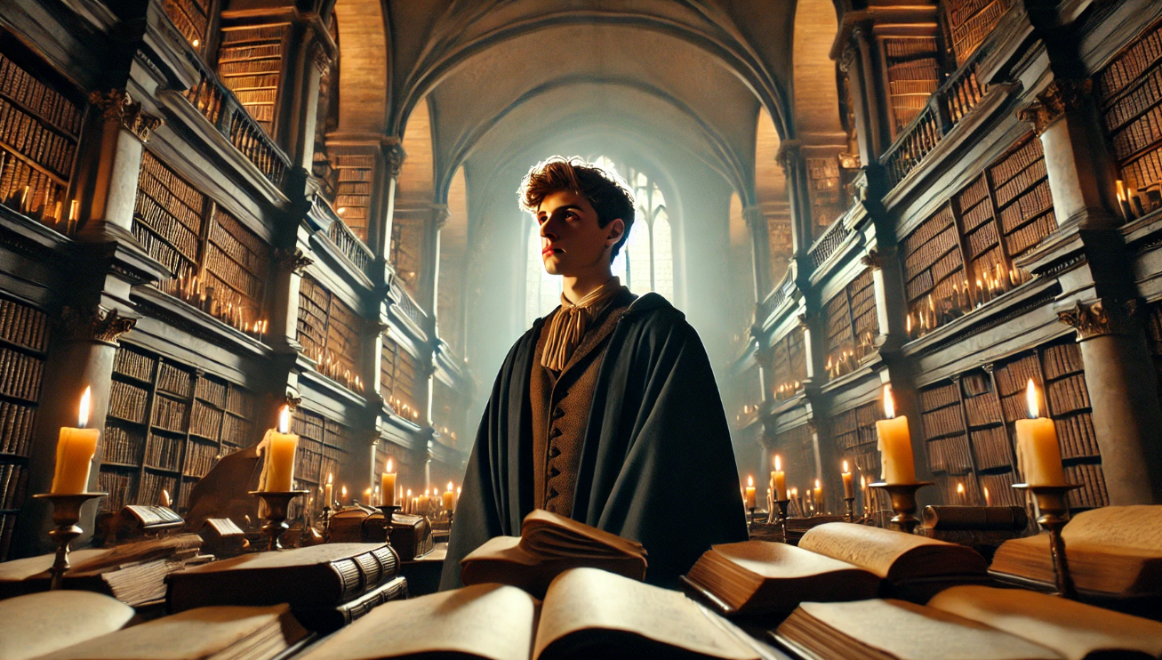 Scholar stands among books

