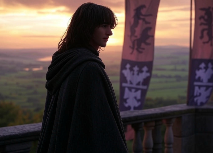 Cloaked figure castle sunset