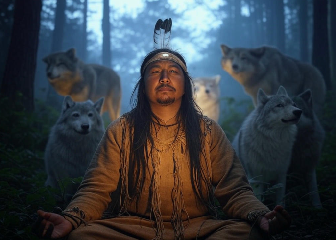 Person meditating wolves forest