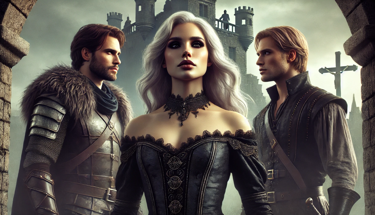 "Medieval trio before castle"

