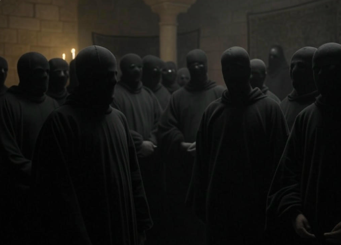 Masked figures candlelit gathering