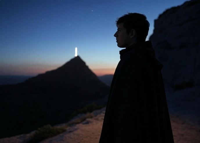 Cloaked figure mountain sunset