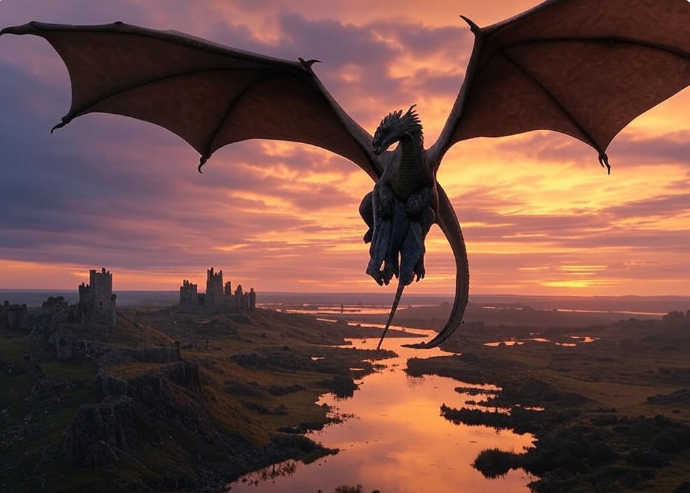 Dragon flying sunset castles