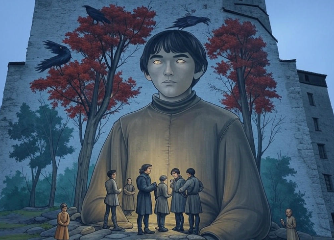 Mural of giant figure with group