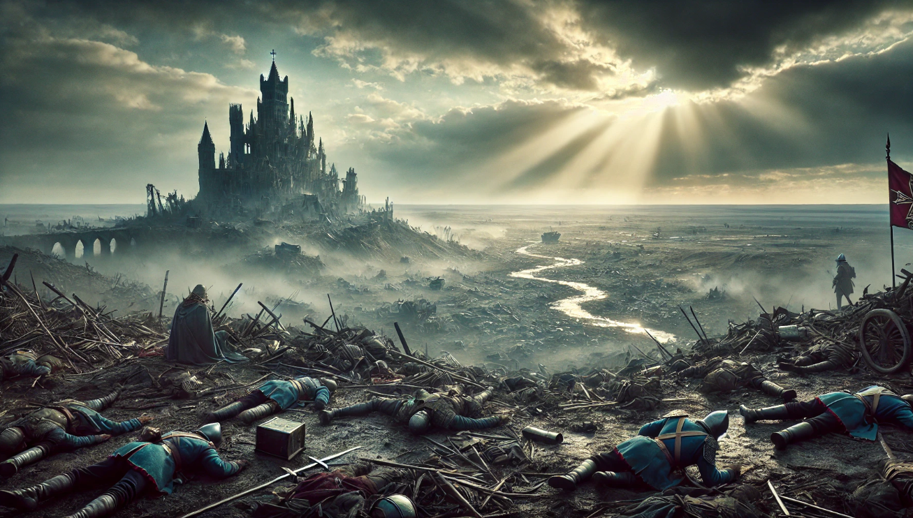 "Ruined battlefield near castle."

