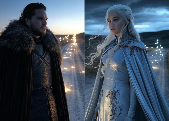 Two warriors in fur and silver on snowy path