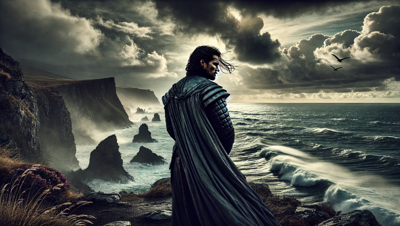 Warrior overlooking stormy sea

