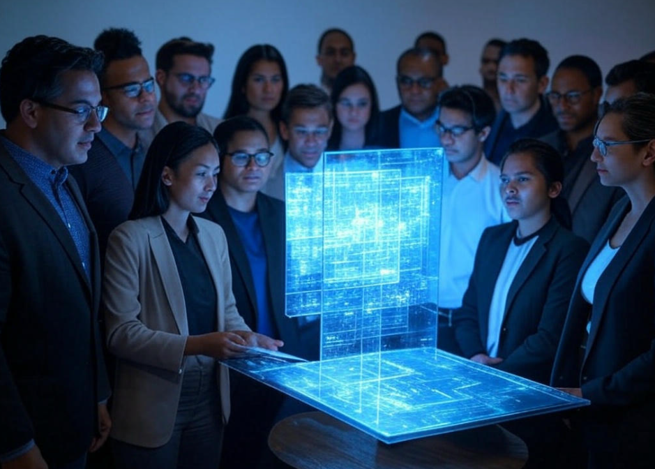 Team viewing holographic display.

