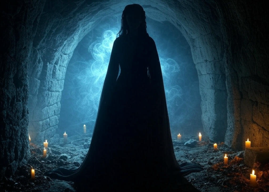 "Cloaked figure, cave, candles."