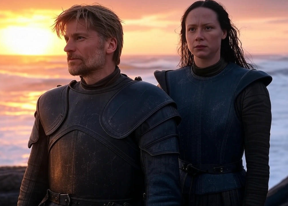 Two armored figures sunset ocean