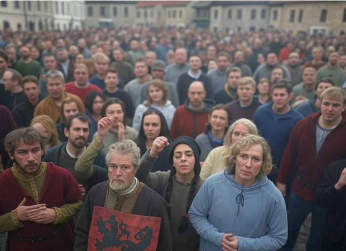Medieval crowd gathered closely