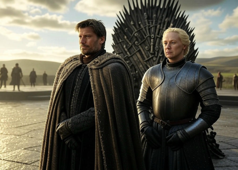 Two figures throne background