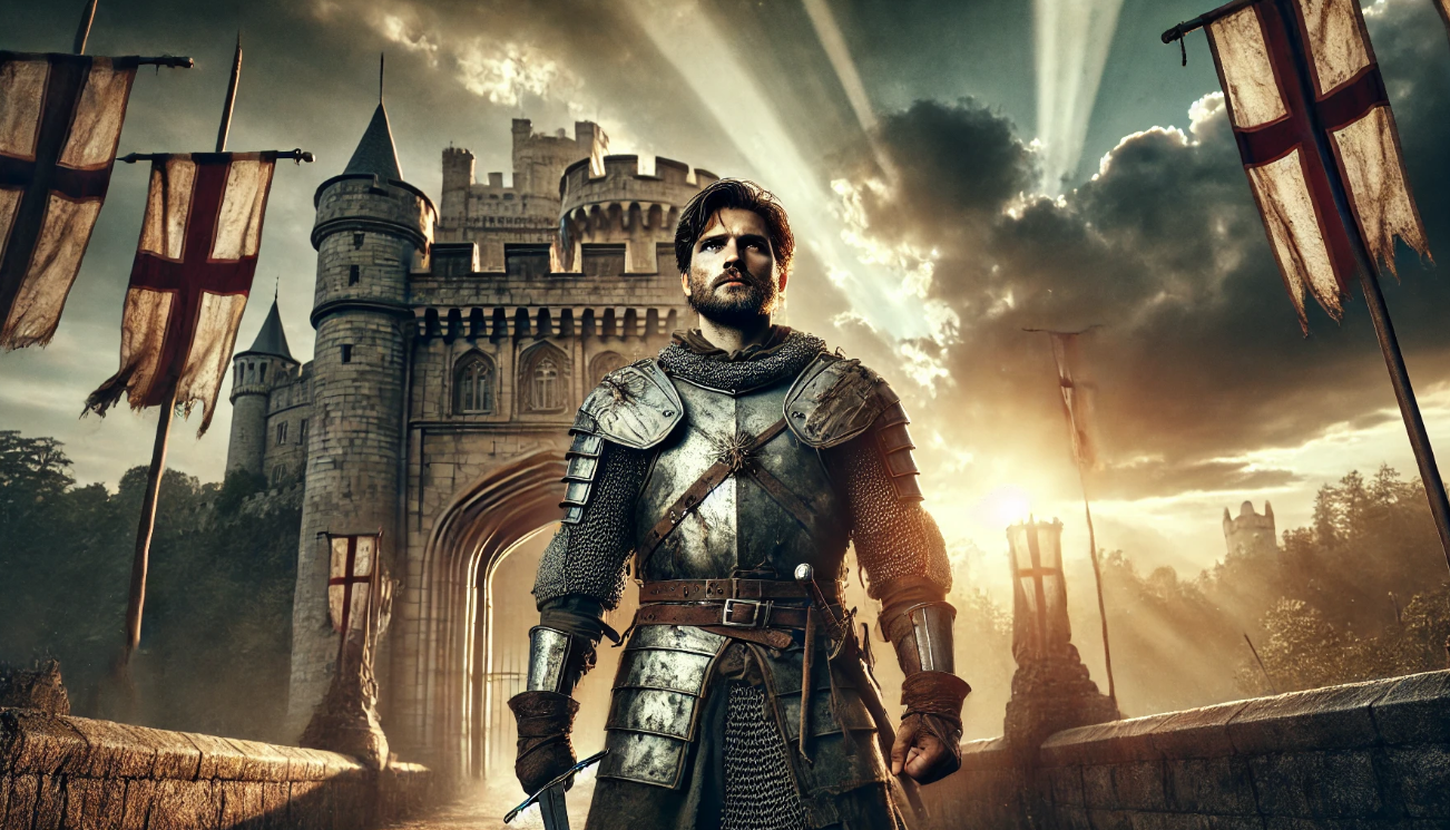 "Knight standing before castle."

