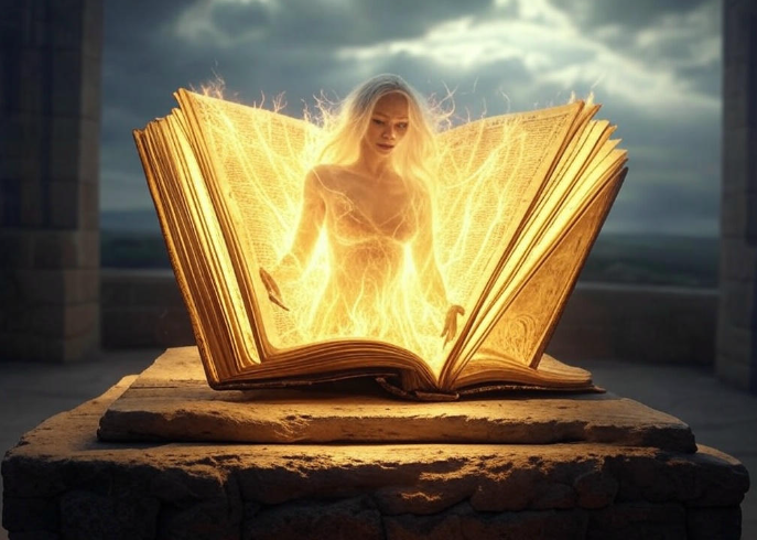 Glowing woman emerging from book on stone pedestal