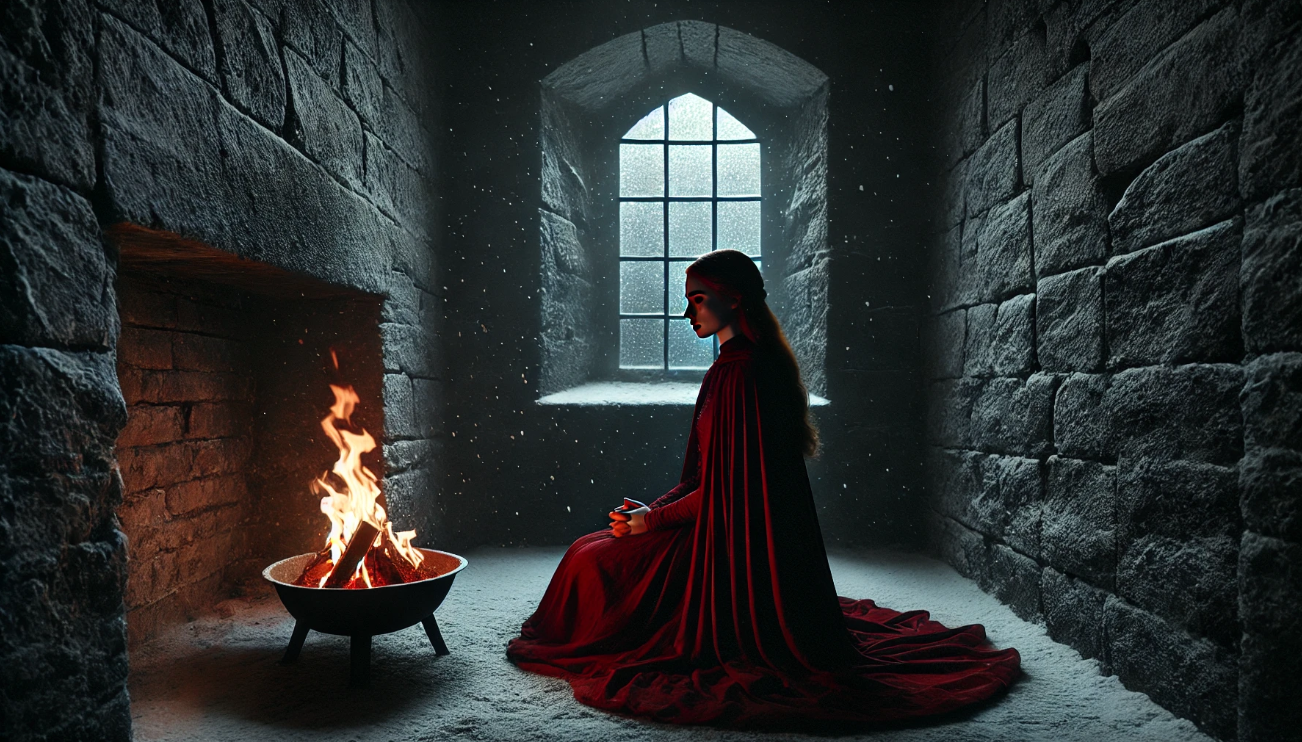 "Cloaked woman, fire, dungeon."