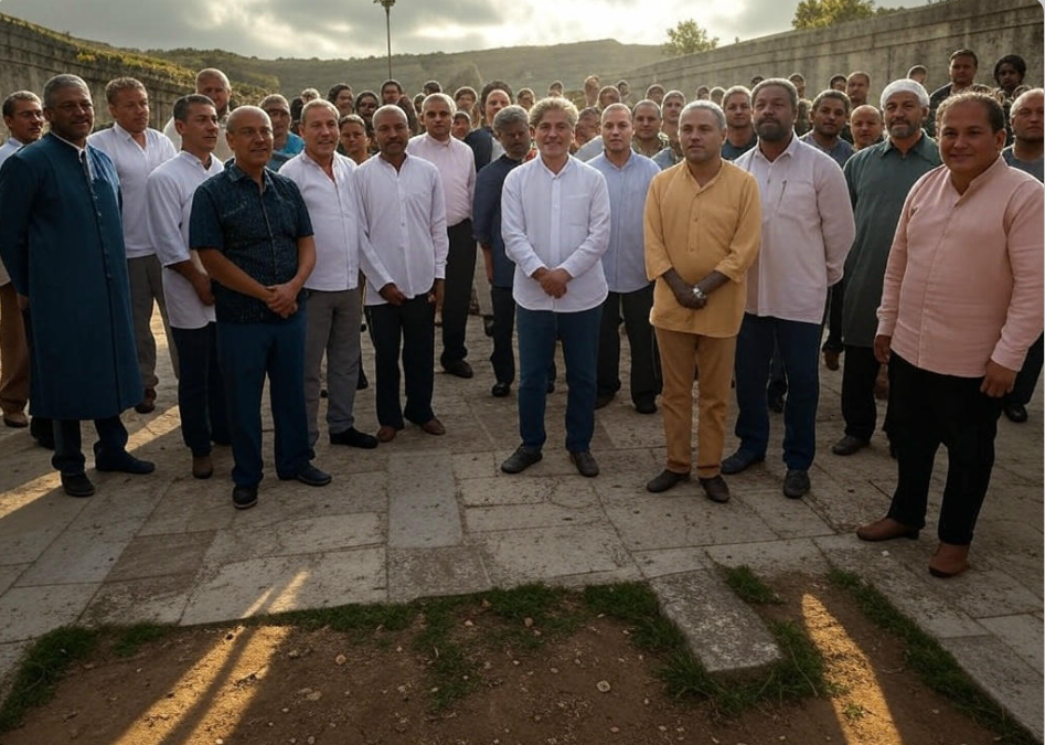 "Group of men gathering"

