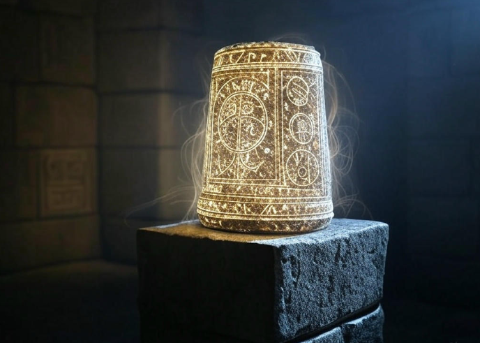 Glowing ancient artifact on pedestal