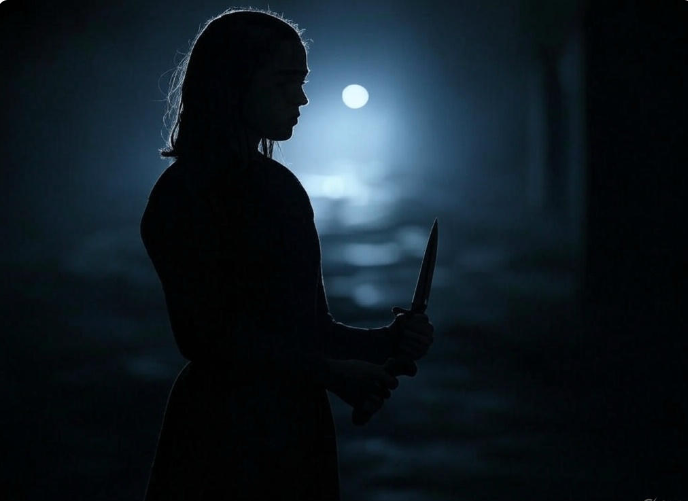 Silhouette holding dagger moonlight