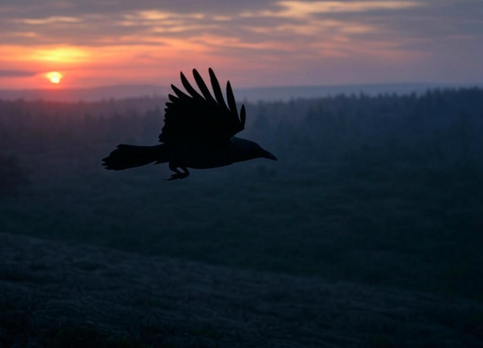 Raven silhouette sunset landscape
