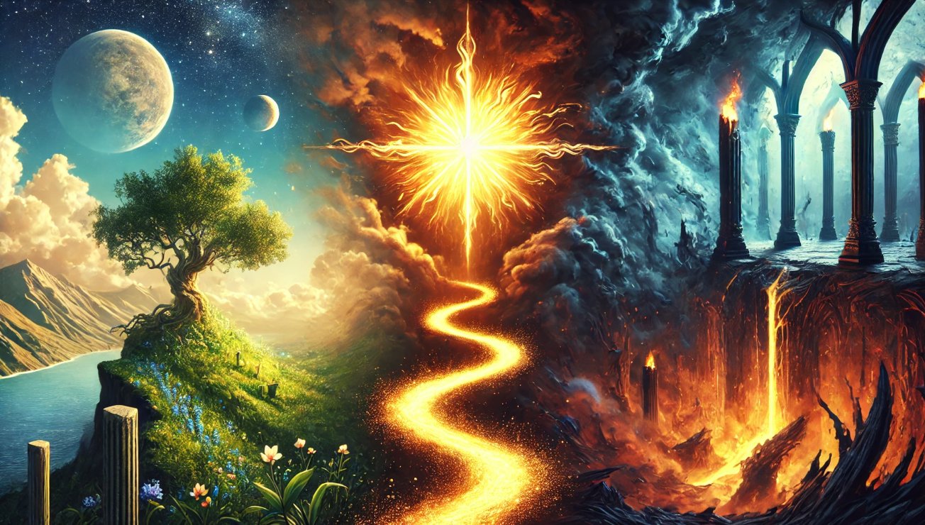 "Contrasting realms, glowing path."