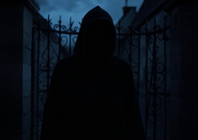 Cloaked figure iron gate night