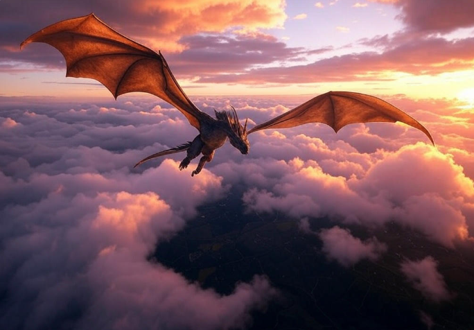 Dragon flying through clouds