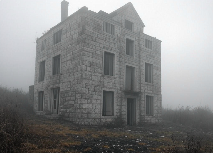 Abandoned stone house foggy landscape