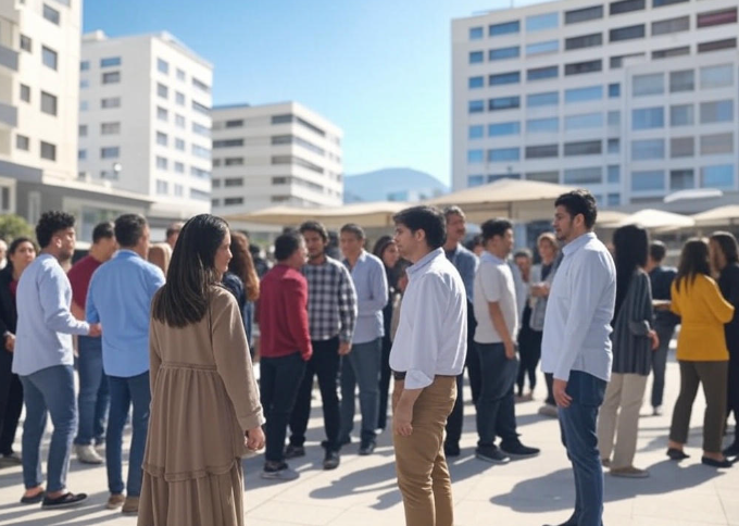 People mingling in courtyard