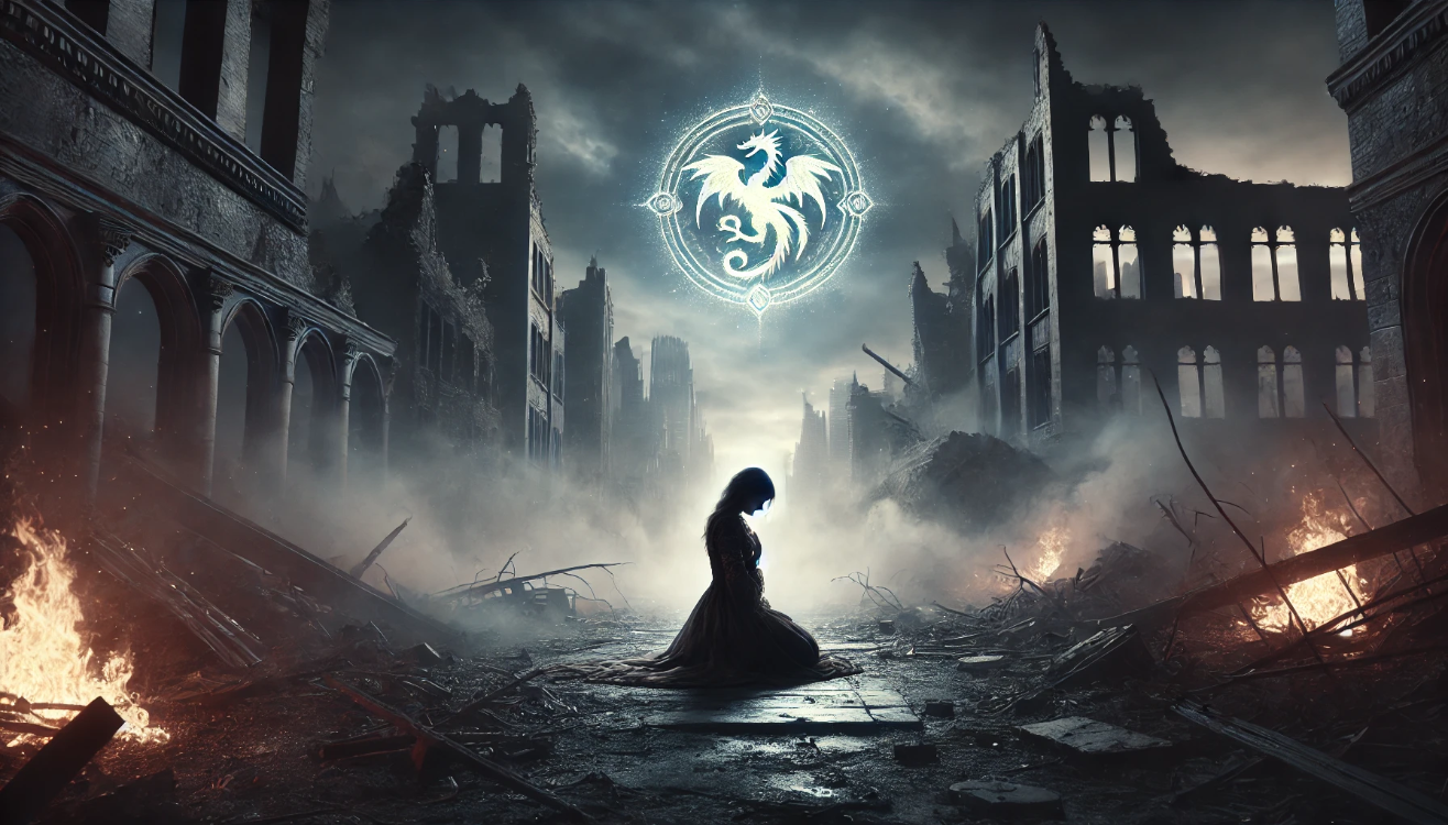 Kneeling queen amid ruins

