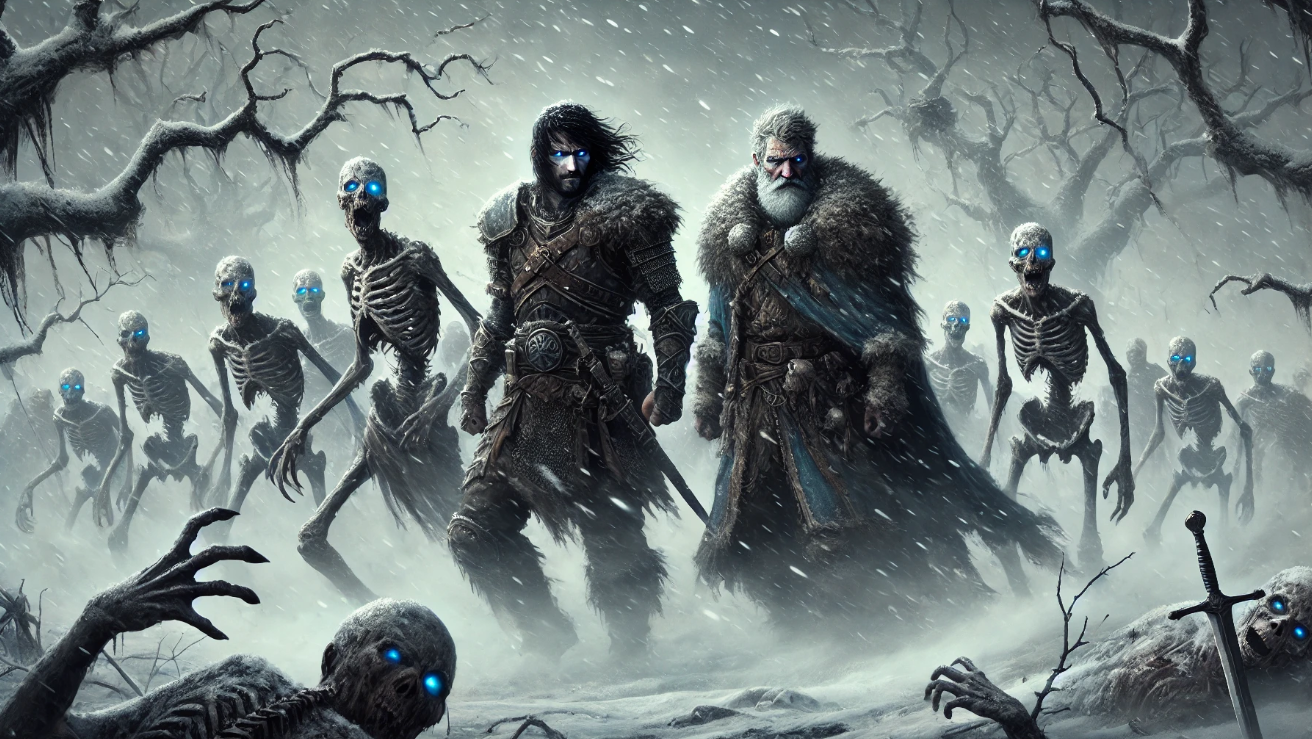 Two warriors face skeletons