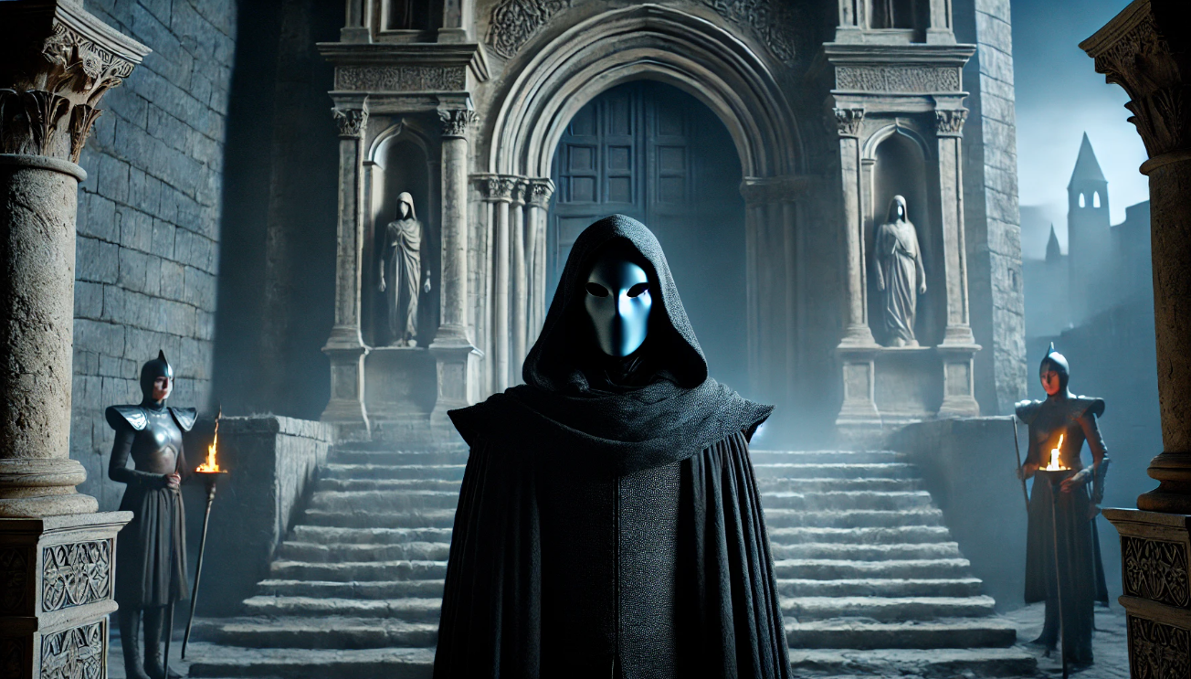 Hooded figure gothic entrance statues guards torchlight