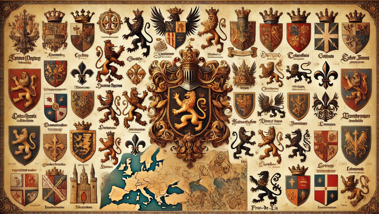 Heraldic shields lions crowns