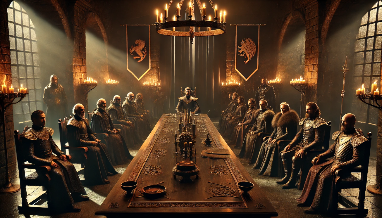 Medieval council meeting scene
