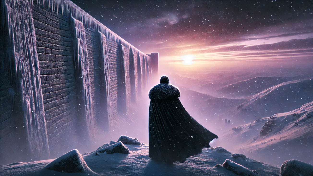 Snowy landscape with wall and cloaked figure at sunset