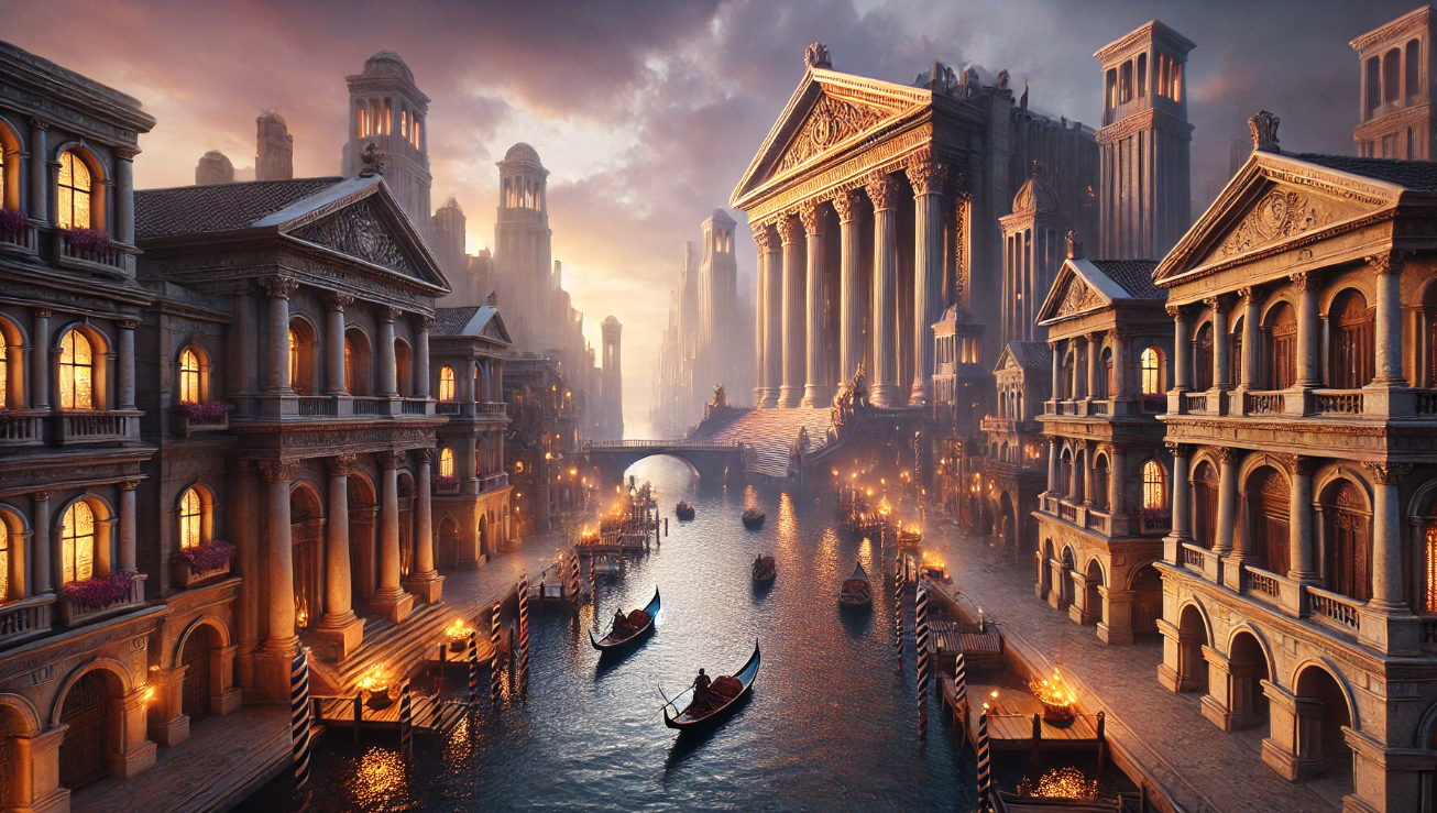 Ancient city canal sunset
