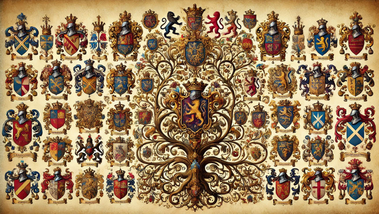 Heraldic shields on tree