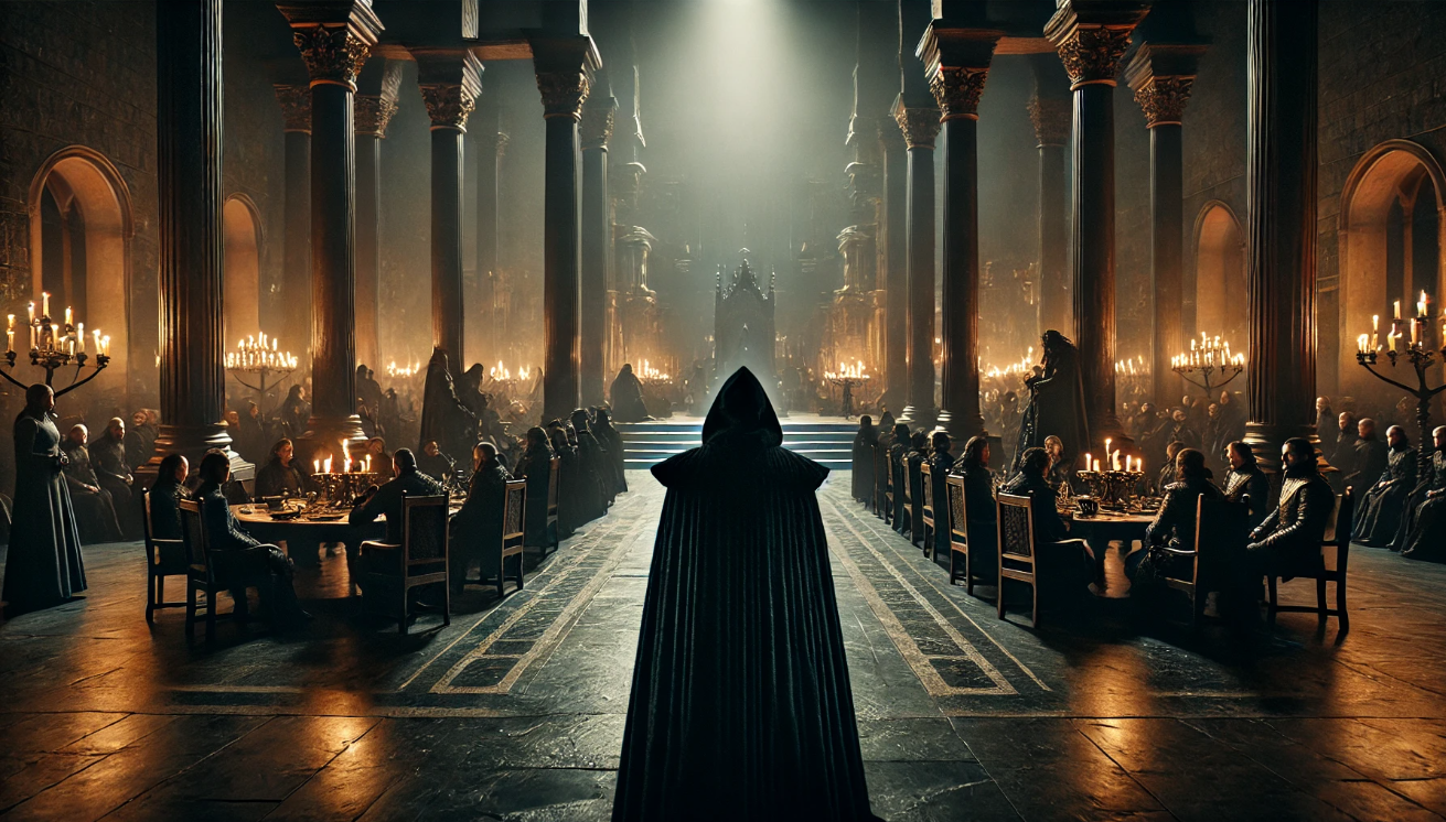 Cloaked figure in grand hall