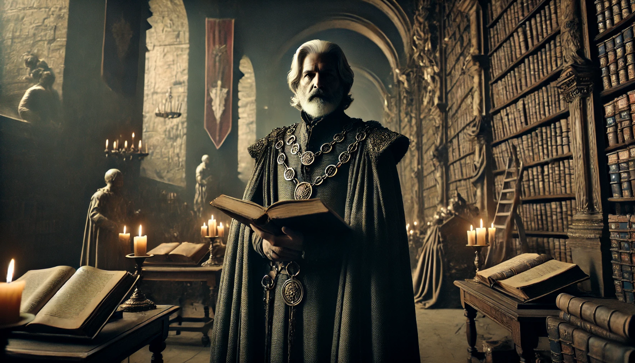 Medieval scholar reading book