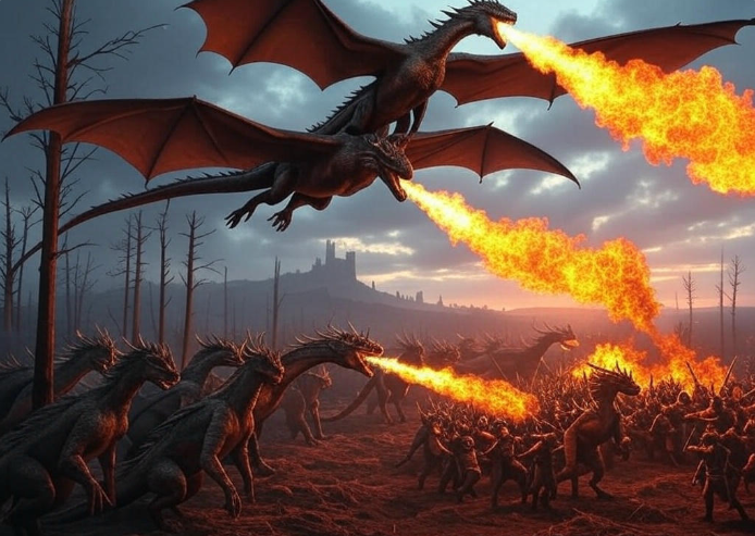Dragons attacking soldiers fiercely