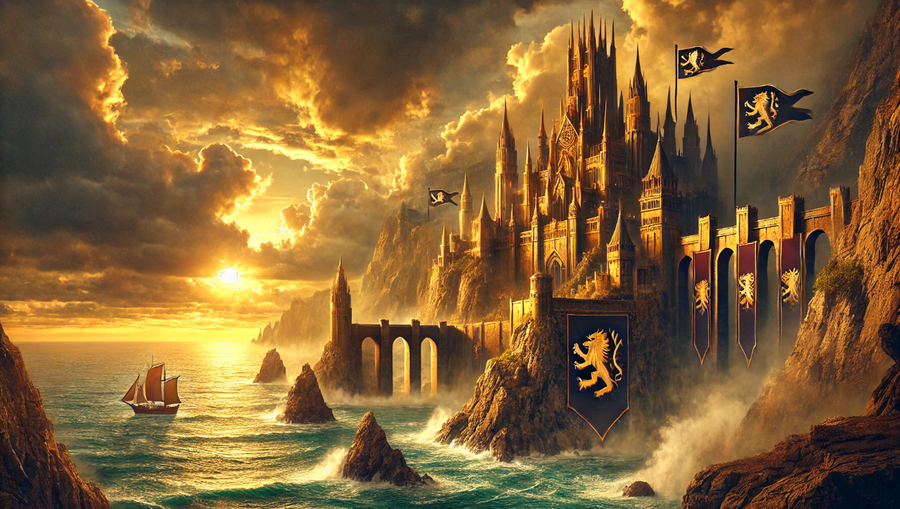 Castle on cliff ship sailing sunset sky